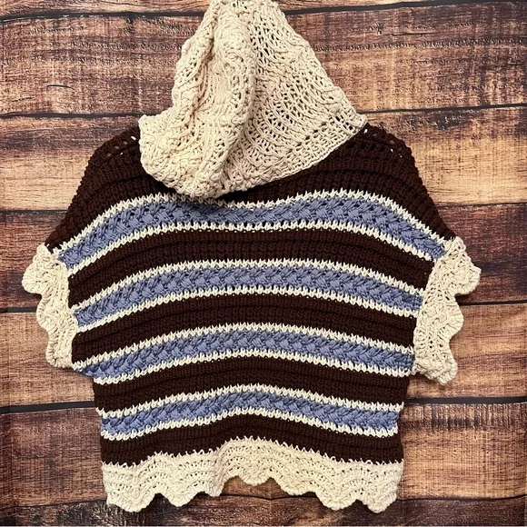 (Flawed) Zara Striped Crochet Knit Top Brown/Blue Cream Hooded Size Small - Picture 10 of 10